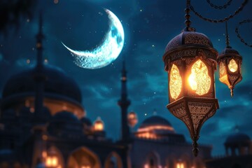 Poster - A lantern hanging from a chain in front of a mosque. Perfect for religious or cultural-themed projects