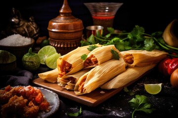 Wall Mural - A plate of tamales displayed on a rustic wooden cutting board. Perfect for food blogs, Mexican cuisine articles, and restaurant menus