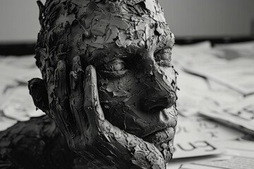 Poster - A black and white photo of a sculpture depicting the face of a man. This image can be used to add a touch of sophistication and elegance to any artistic or creative project