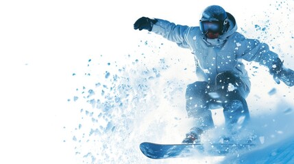 Poster - A man riding a snowboard down a snow-covered slope. Perfect for winter sports enthusiasts and adventure seekers