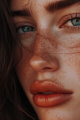 Poster - A close-up image of a woman with freckles on her face. This picture can be used to portray natural beauty or to promote skincare products