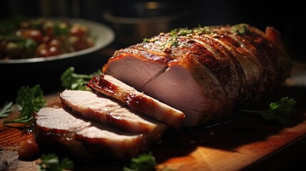 Poster - A photograph of a large piece of meat on a cutting board. This versatile image can be used to represent cooking, food preparation, or butchery