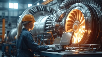 Poster - Factory Industrial Engineer Works on the Personal Computer Designing Turbine inside the Heavy Industry, Engine in 3D, Using CAD Program. Generative AI.