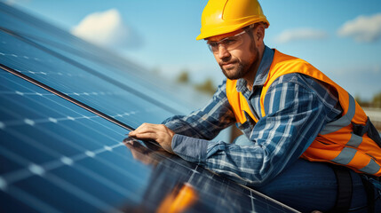 Poster - Industrial worker solar system installation, Technician Repairing Solar Panel for Clean Energy Generation, alternative renewable green energy generation concept. Generative AI.