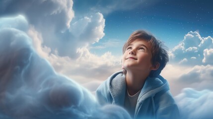 Wall Mural - boy on the clouds. the child died and went to heaven. the child smiles. man looks at the sky. life after death