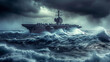 .A detailed photograph capturing a naval aircraft carrier navigating through rough seas