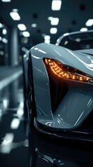 Poster - Close up photo of a corner front-end of a futuristic sports car. Generative AI.
