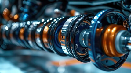 Poster - Shock absorber strut with coil spring, suspension system of modern car, The car suspension at the end of its spring, in the style of bold chromaticity, spirals and curves. Generative AI.