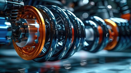 Poster - Shock absorber strut with coil spring, suspension system of modern car, The car suspension at the end of its spring, in the style of bold chromaticity, spirals and curves. Generative AI.
