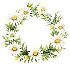 Poster - Watercolor circle frame of Chamomile Daisy flower clipart element for wedding birthday holiday decoration design