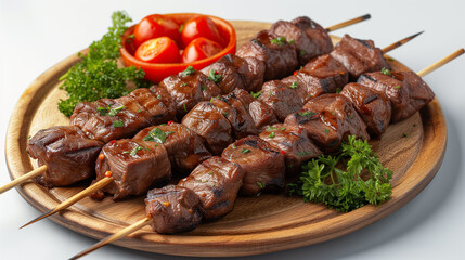 Delicious beef skewers, grilled, wood plate or tray. Isolated white background, Brazilian traditional 