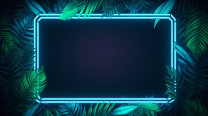 abstract background with glowing lines Green and Blue Neon Light with Frame Tropical Leaves.
