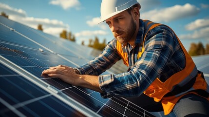 Poster - A skilled electrician in action, focused on connecting solar panels to an advanced electrical system. Generative AI.