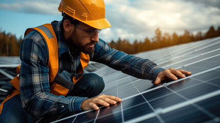 Poster - A skilled electrician in action, focused on connecting solar panels to an advanced electrical system. Generative AI.