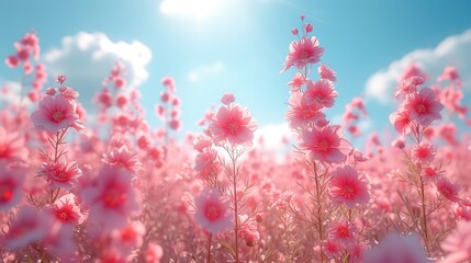 Poster - The scene is a beautiful and colorful panoramic landscape with a vast amount of daisies against a blue sky. A frame with soft selective focus is used to show the beauty of the sun-drenched meadow.