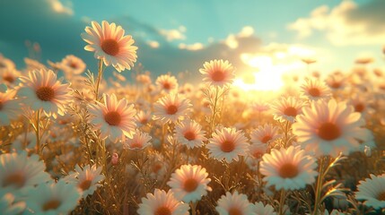 Poster - Spring summer meadow with daffodils and daisies against a blue sky. Soft selective focus on landscape.
