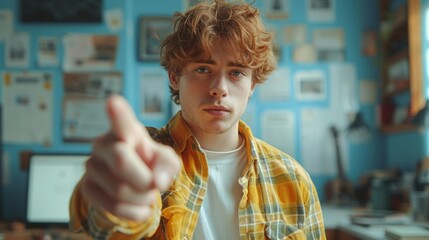 Poster - Redhaired millennial pointing finger at camera, jumping with mobile phone on blue studio background. Creative collage with website template.