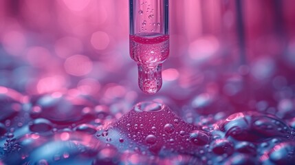 Aufkleber - Row of test tubes. Medical lab concept. Liquid droplet with dropper on blue red tone background. Closeup, macro picture of the droplet with a dropper.