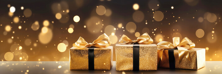 Wall Mural - Golden Christmas background with festive gift boxes and Christmas balls. Holiday gold Christmas and New Year banner backdrop with copy space and shiny bokeh