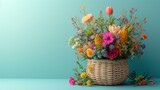 Fototapeta  - Cheerful Easter basket brimming with colorful flowers and foliage against a bright pastel backdrop, [Easter banner Easter basket pastel background for designer work