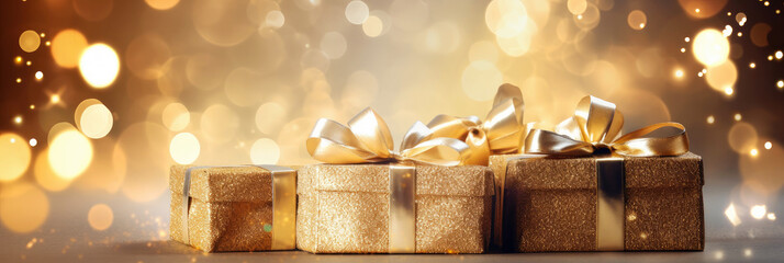 Wall Mural - Golden Christmas background with festive gift boxes and Christmas balls. Holiday gold Christmas and New Year banner backdrop with copy space and shiny bokeh