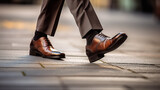 Fototapeta Konie - Close-up of a businessman's feet in elegant brown shoes taking a step on a city street