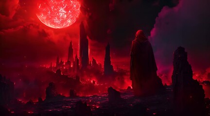 Wall Mural - Hooded wayfarer examine the next city he visits as it is being illuminated by a red moon and engulfed with big clouds