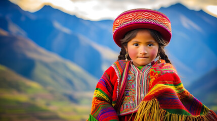 Young Peruvian girl with traditional clothing holding a colorful handwoven textile, against a scenic mountain backdrop