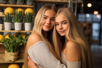 Two women in love shopping in a vegan bio store.