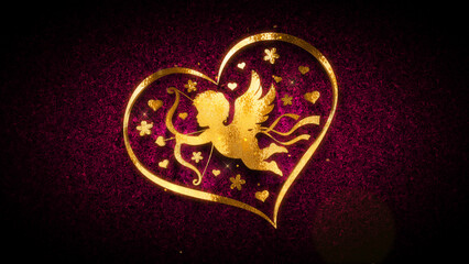 Wall Mural - Decorative Flying Valentines Love Angel Cupid Heart Shape Gold Texture On Red Shiny Micro Turbulence Waves Grainy Pattern Texture Effect Background