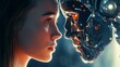 Woman confronting AI robot, close-up image