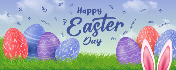 Wall Mural - Happy easter day banner template. Easter day celebration vector illustration