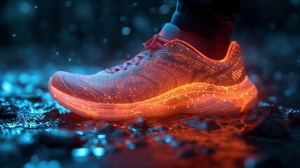 Poster - Holograms, sneakers, and sports for fitness, running and speed for fitness tracking outdoors. Future, sneakers and graphics for workout, exercise, and balance.