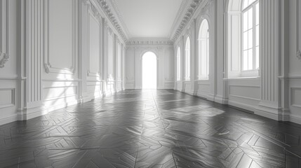 Poster - In this perspective, a white empty room is seen with dark laminate flooring, in a classic interior style. A blank space architecture is seen.
