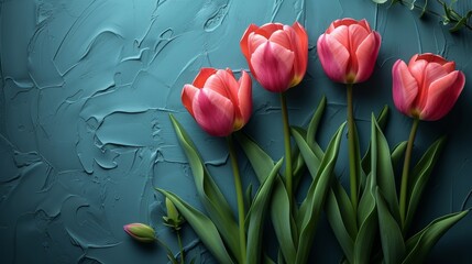 Wall Mural - Greeting card for Valentine's Day, Mother's Day, and Woman's Day with tulips on a rustic turquoise background. Spring flowers. Top view.