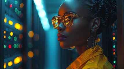 Poster - A black female IT support engineer works with a black female programmer in a dark server room solving computer problems.
