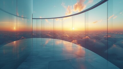 Fototapete - Reflection of clouds in curve glass office building. 3D rendering.