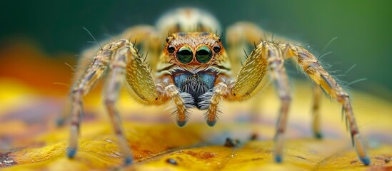 Poster - A close-up of an arthropod, specifically a jumping spider, on a yellow flower. This macro photography captures the terrestrial organism in detail.