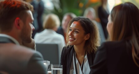 Group of businesspeople networking at a conference, interacting and making contacts at business event session. Businesswoman at a meeting.