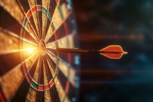 Dart arrow hits the middle of target, dramatic light, 3d realistic style with vivid back, professional close up photo
