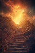 Path to success, a staircase leads to the top of a mountain which is illuminated by light, conceptual image