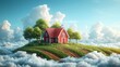 A cutaway farm with crops, isolated with clouds, 3D illustration of an empty green farm.