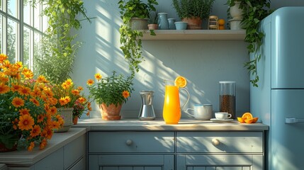 Poster - A modern comfortable kitchen with multicolored cups and a teapot, orange juice in a glass and utensils on white furniture, a refrigerator, flowers on shelves, and a light wall in daylight.
