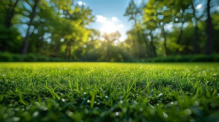 Poster - Beautiful blurred background image of spring nature featuring a trimmed lawn surrounded by trees against a blue sky with clouds.
