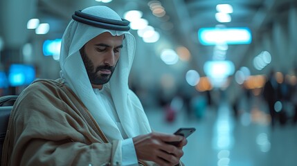 Aufkleber - Stylish arab man on smartphone while walking with suitcase to flight boarding, young middle eastern man surfing internet on cellphone while going to flight boarding, side view