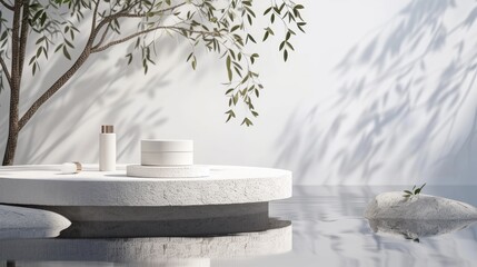 Fototapete - 3D rendering of white stone podium and cosmetic display stand with water reflection and leaves in nature.
