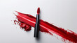 a blank red lip stain tube on a white background, with a brush applicator and a lip stain effect. 