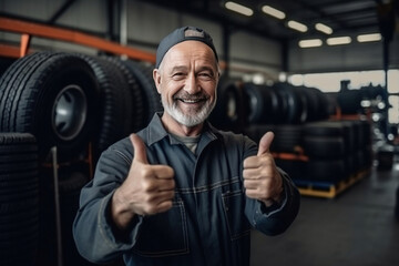 Wall Mural - A smiling mechanic showing thumbs up with car tire in the car repair shop.