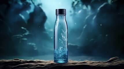 Sticker - pure water bottle with water falling on it in natural environment, environmental health concept