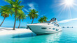 A luxury yacht anchored near a sandy beach with palm trees under a clear blue sky, suggesting an idyllic travel vacation. Ai generative